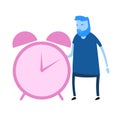 Cartoon man character standing next to the big alarm clock. Cartoon design icon. Colorful flat vector illustration Royalty Free Stock Photo