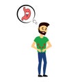 Cartoon man character suffers painful abdomen injury and holds painful area with hands. Stomach pain.