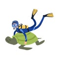 Cartoon Man Character Swimming With Giant Exotic Tortoise In Tropical Waters. Diver In Wetsuit, Mask, Flippers And