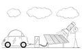 Cartoon of Man Charging Electric Car by Power From Solar Power Plant During Overcast.