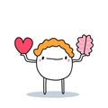 Cartoon man choosing between heart love passion and reason logic brain hand drawn vector illustration Royalty Free Stock Photo