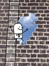 Cartoon man climbing to an outlet in a wall Royalty Free Stock Photo