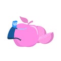 Cartoon man clinging on to giant apple. Healthy lifestyle, healthy food choice. Cartoon design icon. Colorful flat