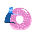 Cartoon man clinging on to giant donut. Unhealthy lifestyle, poor food choice. Cartoon design icon. Colorful flat vector
