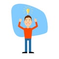 Cartoon man. Concept idea. illustration of a creative young cartoon man pointing at light bulb as a symbol of having an idea Royalty Free Stock Photo