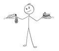 Cartoon of Man Deciding with Healthy and Unhealthy Food in Hands