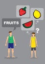 Cartoon man demand for fruits and his wife is unsure what he is asking for Royalty Free Stock Photo