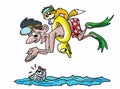 Cartoon man diving into water with his goggles on his head and his cat on his back vector