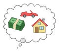 Cartoon man dreams of money, house and luxury car, vector illustration Royalty Free Stock Photo