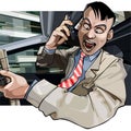 Cartoon man driving aggressively yells into the phone