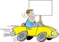 Cartoon man driving a car and holding a sign.