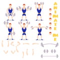 Cartoon man dumbbells exercises squat, deadlift, overhead press. Royalty Free Stock Photo