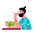 Cartoon man eating salad from glass bowl - healthy food and nutrition