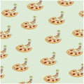 Cartoon man eating a slice of pizza on a background of a large pizza. background. vector illustration.
