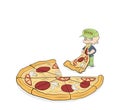 Cartoon man eating a slice of pizza on a background of a large pizza. vector illustration.