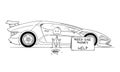 Cartoon of Man, Expensive Sport Car Owner, Sitting and Begging for Gas Money