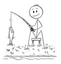 Cartoon of Man or Fisherman Fishing on the River or Lake Shore Catching a Fish Royalty Free Stock Photo