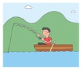 Cartoon man fishing with hook in boat, lake or sea, vector illustration Royalty Free Stock Photo