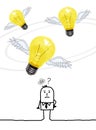 Cartoon man with Flying Light bulbs over his head