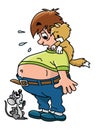 Cartoon man gained too much weight looking at his tummy with his pet friends vector