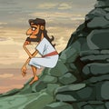 Cartoon man in Greek clothes sits thoughtfully on a mountainside Royalty Free Stock Photo