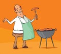 Cartoon man grilling sausages on the BBQ