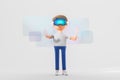 Cartoon man hands touch mock up empty floating digital screens