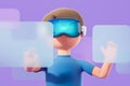 Cartoon man hands touch mock up empty floating digital screens