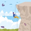 Cartoon Man Hang on Cliff Hold Rope Mountaineering