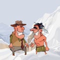 Cartoon man in hat and native american joyfully chatting standing in snowy mountains