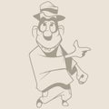 Cartoon man in hat smiling points finger to the side