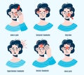 Cartoon man headache types. Head areas with red marks, guy suffering from migraines. Different types, tension and