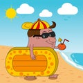 Cartoon man heading for beach with airbed and drin Royalty Free Stock Photo