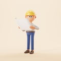 Cartoon man in helmet with paper plan, construction worker Royalty Free Stock Photo