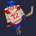 Cartoon man in hockey form on skates with a stick