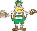 Cartoon man holding a beer and a pretzel.