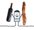 Cartoon man holding big french bread and wine bottle photos