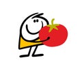 Cartoon man is holding a huge tomato from a new crop. Vector illustration of a farmer demonstrating his success in the