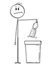 Cartoon of Man Holding an Plastic PET Bottle Ready to Throw it in Waste Bin