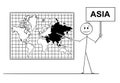 Cartoon of Man Holding a Sign and Pointing at Asia Continent on Wall World Map