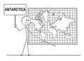 Cartoon of Man Holding a Sign and Pointing at Place Under Wall World Map Where Antarctica Continent Should Be