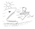 Cartoon of Man Holding Swimming Ring and Running On the Beach Away From Giant Shark or Fish