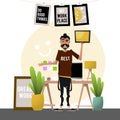 Cartoon man holding a tablet. Workplace designer. Vector