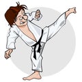 Cartoon man in a kimono with a black belt in kicking pose yoko geri Royalty Free Stock Photo