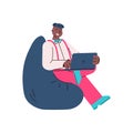 Cartoon man with laptop sitting on bean bag chair and smiling Royalty Free Stock Photo