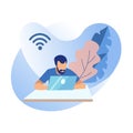 Cartoon Man with Laptop, Wi-Fi Sign Illustration