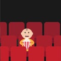 Cartoon man little boy character sitting in movie theater. Film show Cinema background. Viewer watching movie. Popcorn box. Flat Royalty Free Stock Photo