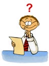 Cartoon of a man looking puzzled at a document