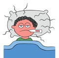 Cartoon man is lying down and has a fever, vector illustration Royalty Free Stock Photo