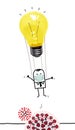 Cartoon Man with Mask, escaping Virus on a Light Bulb Balloon